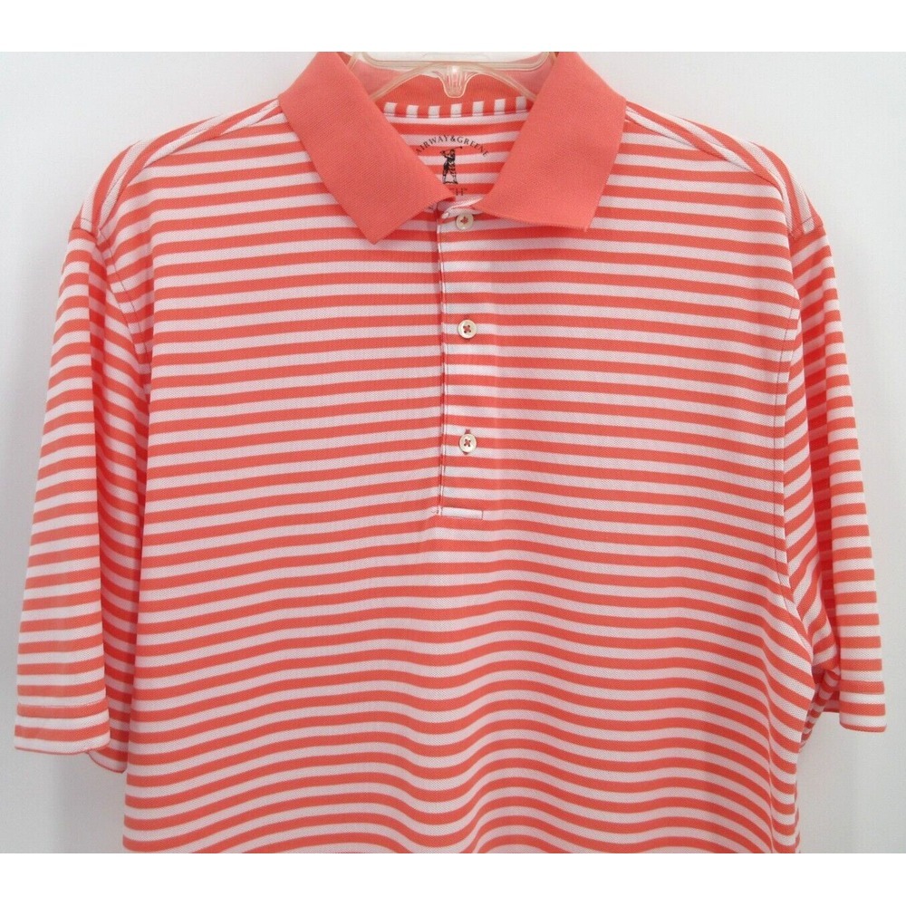 FAIRWAY & GREENE TECH GOLF POLO SHIRT Men Size Large Coral And White Stripe F&G